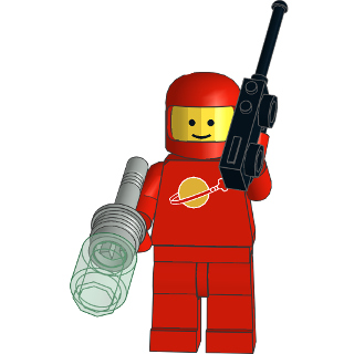 The classic LEGO spaceman, in red suit, holding a walkie-talkie in his left hand, and a laser probe in his right.